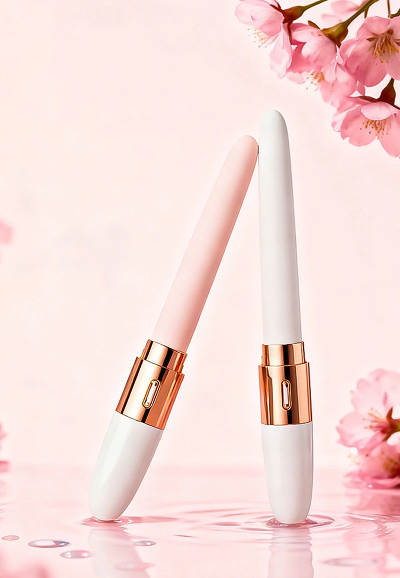 Slim beginner vibrator in pink and white with rose gold accents among pink blossoms Discreet Sex Toys Brand - HooHss