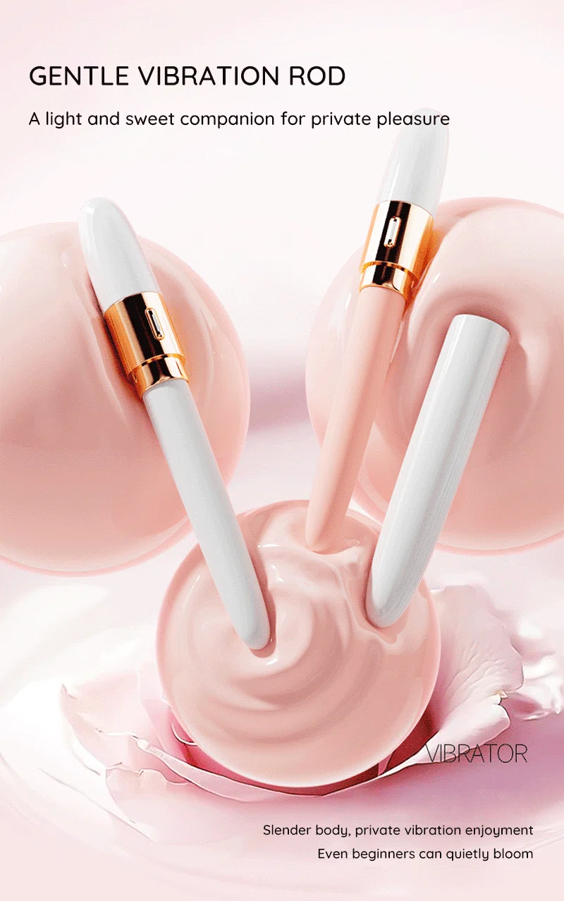 Slim beginner vibrator with white body and gold accents displayed in pink cream-like swirls Discreet Sex Toys Brand - HooHss
