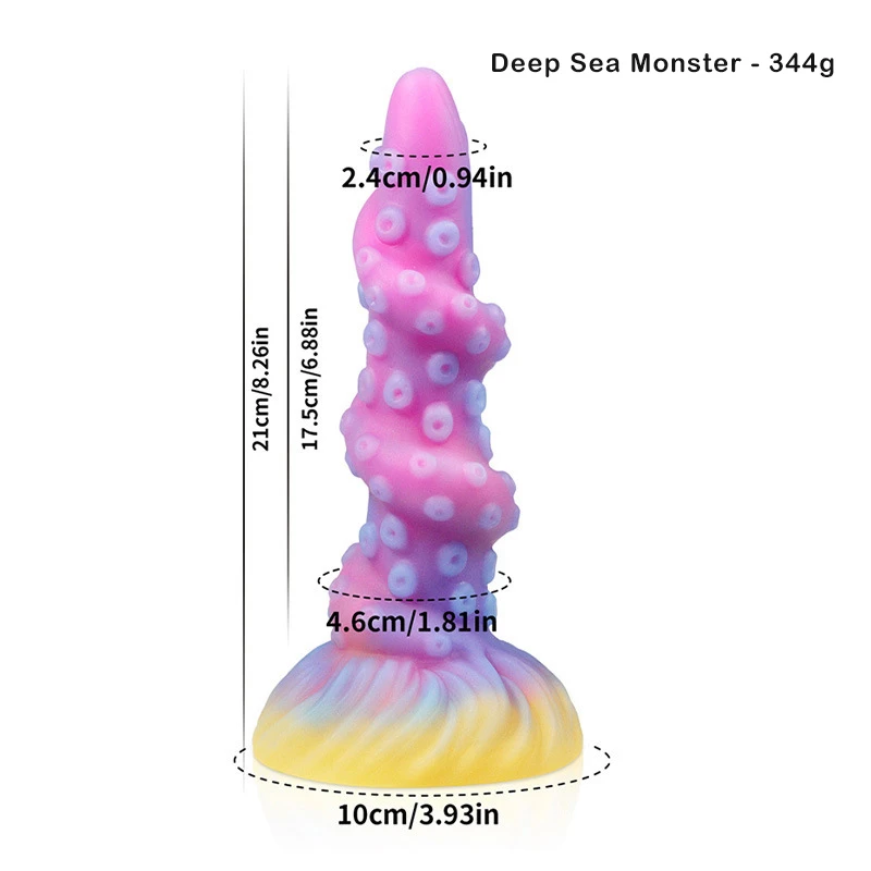 Pink and blue tentacle dildo with suction cup base and size measurements Discreet Sex Toys Brand - HooHss