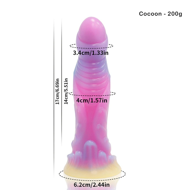 Pink fantasy dildo with suction cup base and size measurements displayed Discreet Sex Toys Brand - HooHss