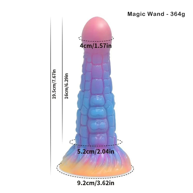 Tentacle dildo with pink and blue gradient and size measurements shown Discreet Sex Toys Brand - HooHss