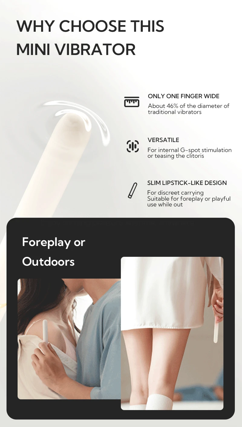 Mini slim vibrator infographic showing discreet lipstick-like design for foreplay or outdoor carry Discreet Sex Toys Brand - HooHss