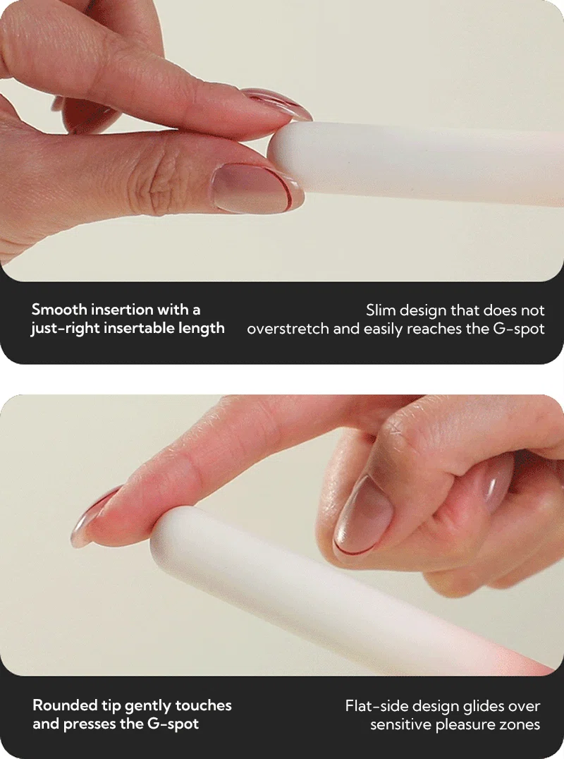 Slim white G-spot vibrator with rounded tip and smooth shaft shown in hand Discreet Sex Toys Brand - HooHss