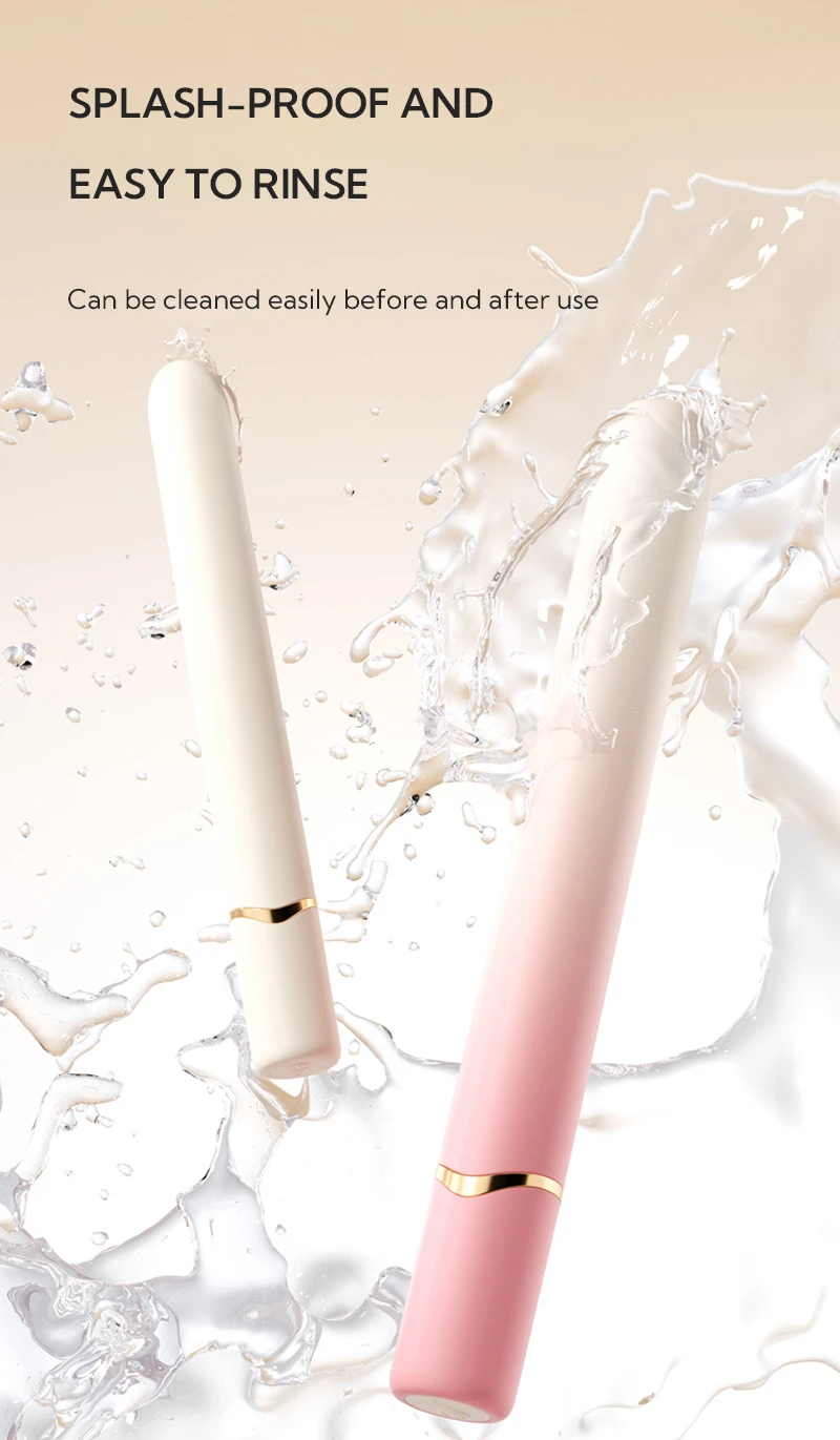 Splash-proof slim vibrator in pink and white with water splash background Discreet Sex Toys Brand - HooHss
